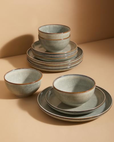 Stoneware Dinnerware Sets Service for 4, 12 pcs Reactive Glaze Plates and Bowls Sets, Handmade Ceramic Dish Set, Highly Chip and Crack Resistant Modern Plate Set, Green Wheat - color: Green Wheat, size: 12pcs (for 4)
