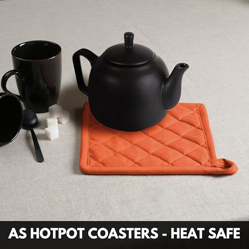 Oven Mitt (7"x13") & Pot Holder (8"x8") 100% Cotton Set of Heat Resistant Oven Gloves & Hot Pads for Gifts, BBQ, Cooking, Baking, Thanksgiving - Orange - color: Orange