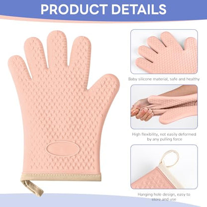 1 Pair Oven Mitts, Heat Resistant Protective Oven Gloves, Cotton Lined Silicone Kitchen Mitts Pair, Nonslip Silicone Cooking Gloves with Fingers (Light Pink) - color: Light Pink