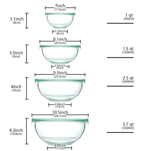 Luvan Glass Mixing Bowl with Airtight Lids, (1QT, 1.5QT, 2.5QT, 3.7QT), 8-piece Kitchen Salad Bowls Clear Nesting Big Cooking Bowl, Microwave Oven Safe for Meal Prep,storage,Baking,Serving - color: 4 Pack Clear Green