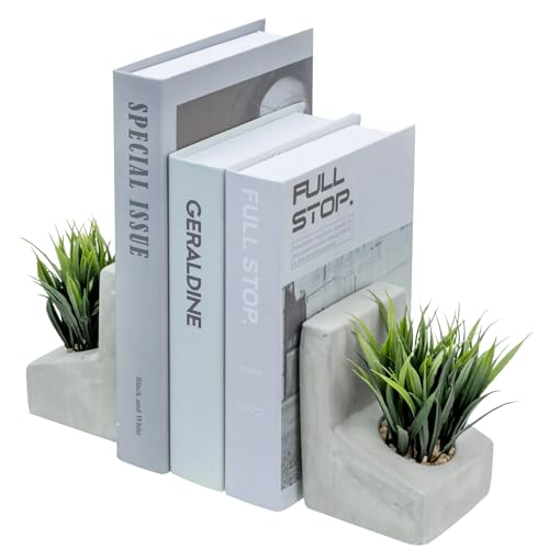 MyGift Decorative Bookends, Heavy Duty Book Ends with Artificial Green Grass Plants, Book Stands for Office Desktop, Bookshelf, Modern Gray Concrete L-Shaped - color: Artificial Grass