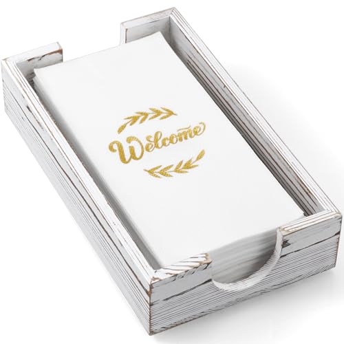 Napkin Holder for Bathroom, White Washed Wood Guest Towel Holder Tray for Bathroom, Disposable Paper Hand Towel Holder for Bathroom Accessories, Dinner Napkin Holder for Kitchen Table Party - color: Rustic White
