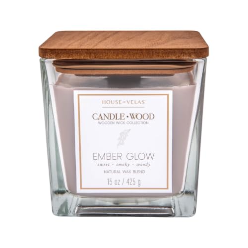 Candle Wood Collection, 15 oz, 1 Wooden Wick, Ember Glow, Square Glass Jar Candle