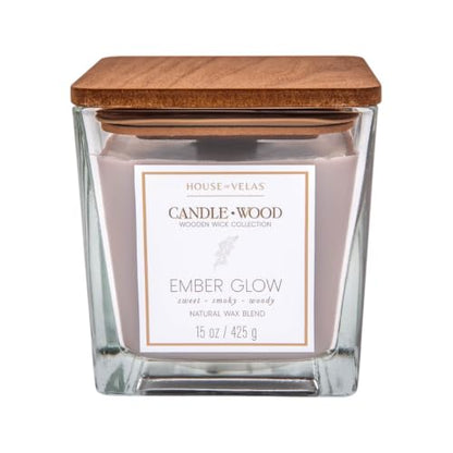 Candle Wood Collection, 15 oz, 1 Wooden Wick, Ember Glow, Square Glass Jar Candle