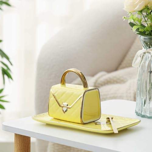 Zubebe 1 Set Coffee Mug Elegant Handbag Shaped Cup Modern Ceramic Purse Mug with Spoon and Saucer, 10oz Cute Creative Tea Cup for Woman Girls Gift (Light Yellow) - color: Light Yellow