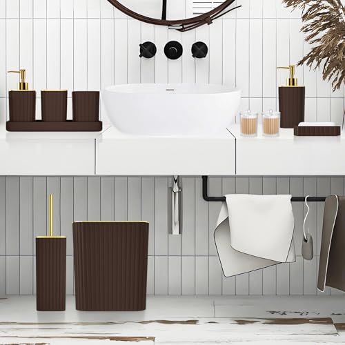 XLHOMO Bathroom Accessories Set - Gorgeous Bathroom Set, 10PC Brown Bathroom Accessories, Bathroom Accessory Set, Toilet Brush, Trash Can, Qtip Holder Dispenser & Soap Dispenser - size: Bath Set, style: Brown&Gold