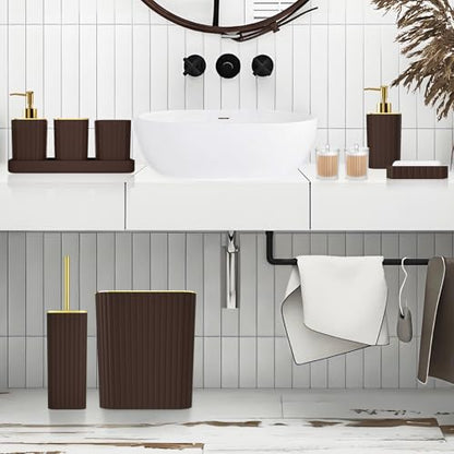 XLHOMO Bathroom Accessories Set - Gorgeous Bathroom Set, 10PC Brown Bathroom Accessories, Bathroom Accessory Set, Toilet Brush, Trash Can, Qtip Holder Dispenser & Soap Dispenser - size: Bath Set, style: Brown&Gold