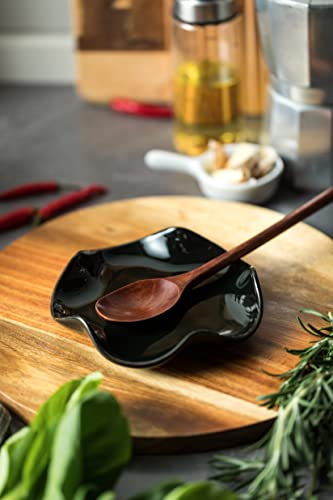 Miamolo Black Spoon Rest for Stove Top, Holds Multiple Utensils, Drip-Free | 5.3" Ceramic Spoon Holder, Heat Resistant | Keep Kitchen Counter Clutter-Free | Cute Spatula Holder Dishwasher Safe, Black - color: Black