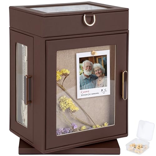 Kendal 360° Rotating Jewelry Box - Brown PU Leather Jewelry Organizer with Shadow Box & Pinboard, Detachable Top Tray, Drawers & Push Pins for Personalized Accessory Display & Storage - color: Mocha Brown