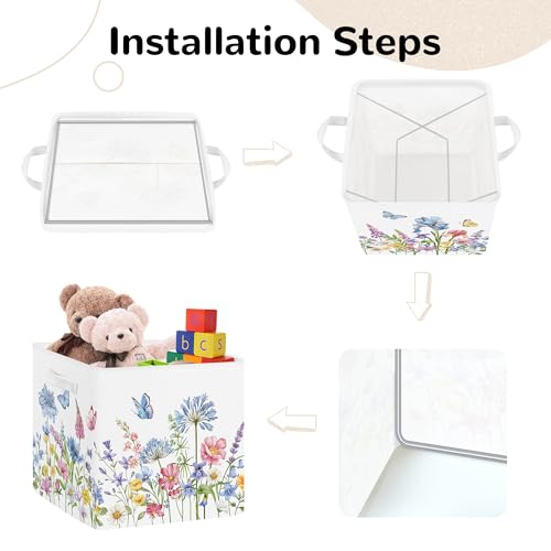 Clastyle 11.8" Flower Storage Basket Set of 3 for Kid Women Toy Clothes Bin | Collapsible Fabric Book Bin, Metal Frame Bottom Board, Cube Organizer, Closet Nursery Pantry Shelf Bedroom, Blue WildPlant - color: Blue Flowers