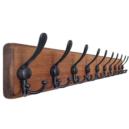 Coat Rack Wall - Heavy-Duty 38-1/4" Long, with Reinforced 10 Custom Tri-Hooks, Solid Wood Wall Hanger for Coats Hat Jackets - Rustic Farmhouse Entryway Hallway Storage, Natural & Black - color: Natural & Black, size: L=38.3"