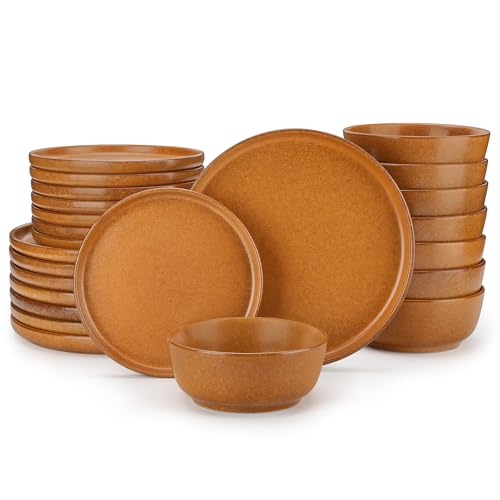 vancasso ZERMATT 24 Pieces Stoneware Dinnerware, Plates and Bowls Set for 8 | Dishes Set for 8 in Caramel Yellow Reactive Glaze Stoneware, Kitchen Dinner Set, Microwave and Dishwasher Safe - color: Caramel Yellow, size: 24 Pcs (Service for 8)