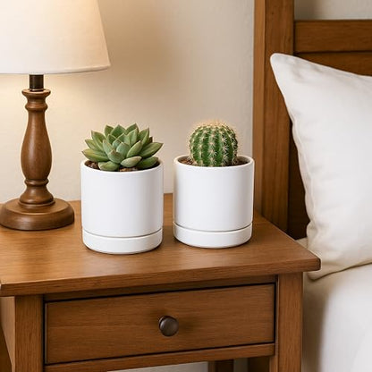 D'vine Dev 4-Pack Ceramic Pots with Saucers, White, 4.7 in, 94-X-B-1 | Glazed Ceramic, Drainage Hole and Saucer, Sleek Cylinder Shape, High Temperature Fired, Ideal for Small Houseplants - color: White, size: 4.7 Inch