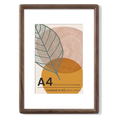A4 Walnut Frame - Rounded Corner A4 Picture Frame Matted to A5 - USA-Sourced Walnut Wood Picture Frame with Tempered Glass for Tabletop Display - color: Walnut, size: A4 - 1P