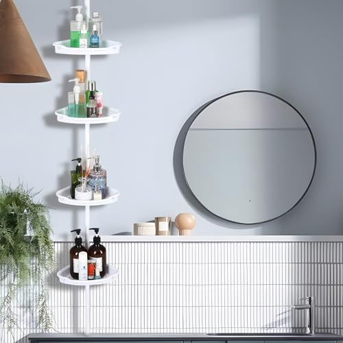 Space-Saving Corner Shower Organizer, Rust-Resistant Tension Pole with 4 Adjustable Shelves (102"-122" Height), No Tools Needed, White - color: White