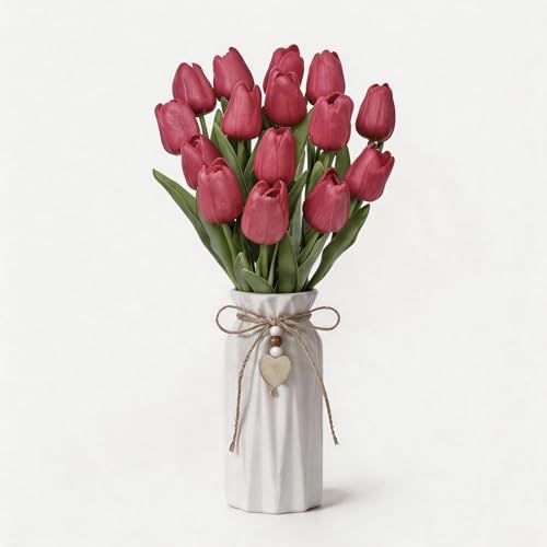 Artificial Tulip Flower Arrangement in Ceramic Vase with Rustic Heart Charm, 15 PCS PU Real Touch Faux Floral Table Centerpiece for Home, Dining Table, Wedding Décor, Hot Pink - color: Hot Pink