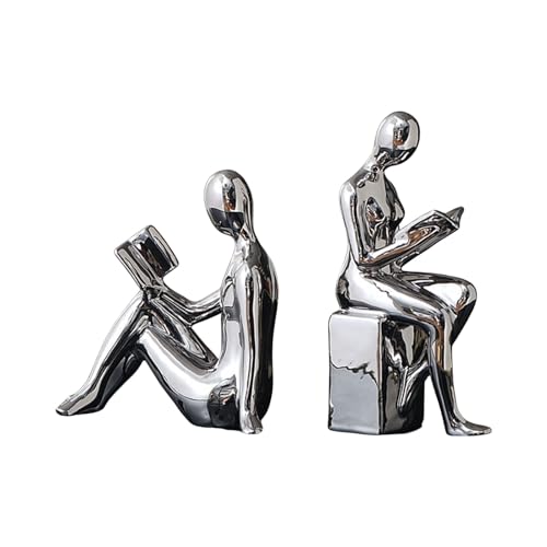 Contemporary Abstract Bookends Decorative Statue for Home and Decoration Electroplated Ceramic Figurines 2PCS Bookend Designing - color: Silver