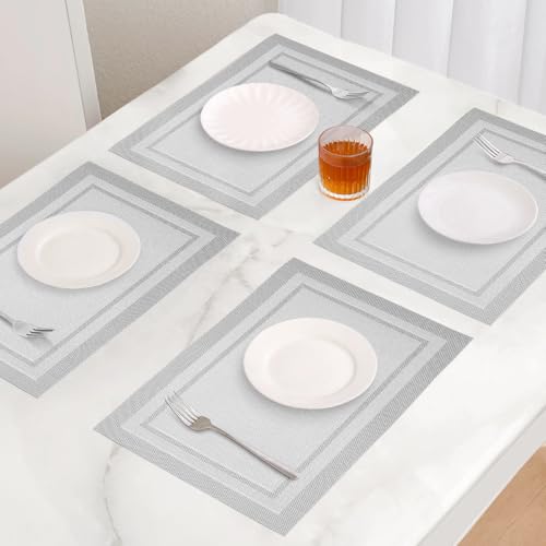 Placemats Set of 6, Heat Resistant Place Mats, Washable PVC Table Mats, Woven Vinyl Placemats, Non-Slip Stain Resistan Plastic Placemats for Table (Silver, 6) - color: Silver
