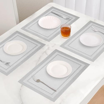 Placemats Set of 6, Heat Resistant Place Mats, Washable PVC Table Mats, Woven Vinyl Placemats, Non-Slip Stain Resistan Plastic Placemats for Table (Silver, 6) - color: Silver