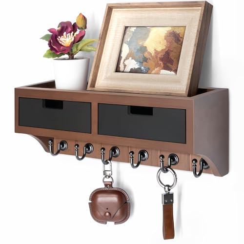 Rebee Vision Key Holder Wall Mount for Home Decor, Brown & Black | Key Holder for Wall, Mail Organizer, 6 Key Hooks, Wall Shelf, 2 Drawer Organizer, Home Organization, Modern Farmhouse Style - color: Brown & Black, style: 2-Drawer