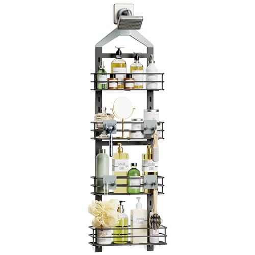 Orimade 4 Tier Adjustable Anti-slip Shower Caddy over Shower Head,Rustproof Bathroom Hanging shower Organizer with 4 Hooks for Razor,No Drilling Shower shelves Storage Rack,Grey - color: Grey - 4 Tier