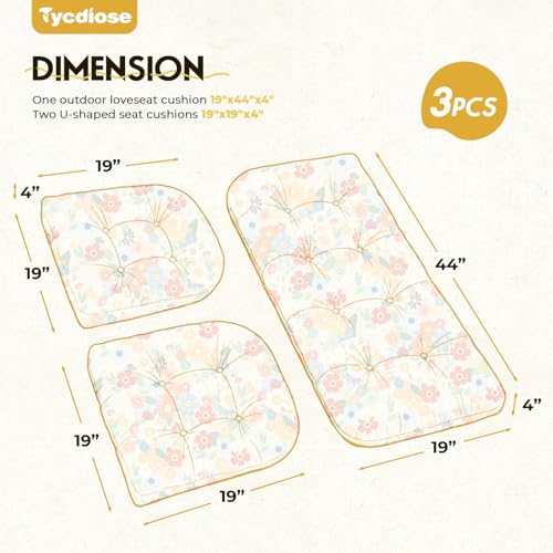 All Weather 3 Pieces Wicker Furniture Chair Cushions, Waterproof Outdoor Wicker Chair Cushion for Patio Furniture Loveseat Settee Bench, 1 Loveseat and 2 U-Shaped Thickened Cushions, Daisy - color: Daisy Cushion