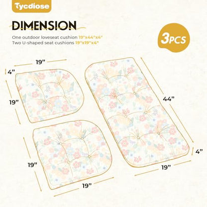 All Weather 3 Pieces Wicker Furniture Chair Cushions, Waterproof Outdoor Wicker Chair Cushion for Patio Furniture Loveseat Settee Bench, 1 Loveseat and 2 U-Shaped Thickened Cushions, Daisy - color: Daisy Cushion