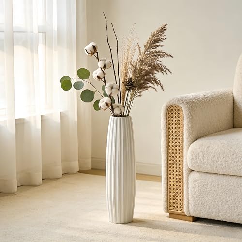 White Tall Ceramic Floor Vase, 24 Inch, Ribbed Drum Design | Glossy Glazed Finish, Living Room, Fireplace, Entryway, Pampas Grass - color: Vertical Stripes, size: Height-24 Inch