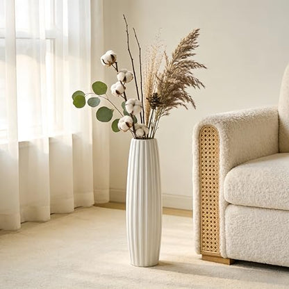 White Tall Ceramic Floor Vase, 24 Inch, Ribbed Drum Design | Glossy Glazed Finish, Living Room, Fireplace, Entryway, Pampas Grass - color: Vertical Stripes, size: Height-24 Inch