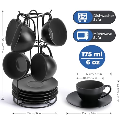 MIAMIO - Set of 6, Ceramic Stackable Cappuccino Cups Set / 6 Ounce Cappuccino Mugs and Saucer with Metal Stand for Coffee Drinks, Cafe, Latte, Americano and Tea - Le Papillon Collection (Black) - color: Black
