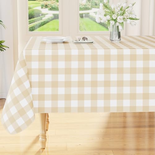 Smiry Square Table Cloth, Waterproof Vinyl Tablecloth with Flannel Backing, Wipeable Buffalo Plaid Table Cover for Picnic, Indoor and Outdoor (White & Beige, 54"x54") - color: White & Beige, size: 54" x 54" (Square)