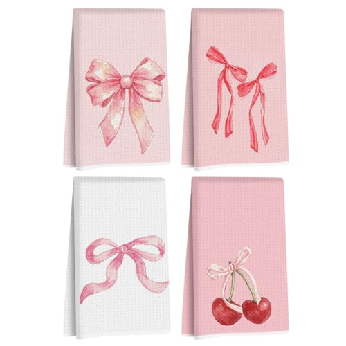 4 Pcs Pink Bow Hand Towels 24x14 Inch, Bows Decor Reusable Tea Towels | Waffle Weave Dish Drying Towel for Bathroom Decor, Pink Bow Gifts for Women Mom Friend Girls - color: Multi 1709
