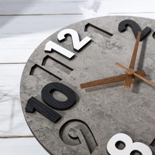 12-inch Silent Wall Clock, Concrete Gray | 3D Raised Numerals, Wooden Dial, Model: M-8846 - color: Concrete Gray