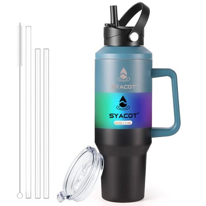 40 oz Tumbler with Handle and Straw or Convert to 40 oz Insulated Water Bottle Fits in Cup Holder. Stainless Steel Metal Water Flask with 2 Lids for Travel,Camping,Gym Sports Coffee Mug Thermal Cup - color: Indigo Black