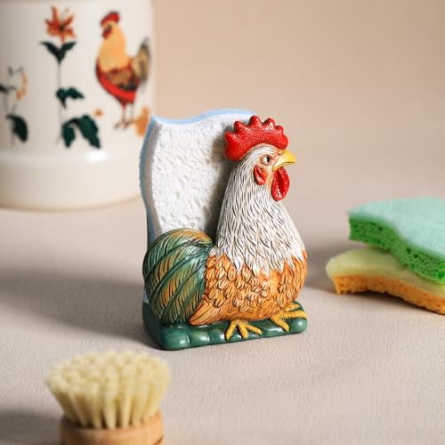 Resin Retro Rooster Shape Sponge Holder for Kitchen Sink, Compact Sink Caddy Organizer, Scouring Pad and Dish Sponge Holder, B