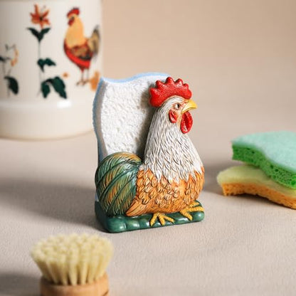 Resin Retro Rooster Shape Sponge Holder for Kitchen Sink, Compact Sink Caddy Organizer, Scouring Pad and Dish Sponge Holder, B