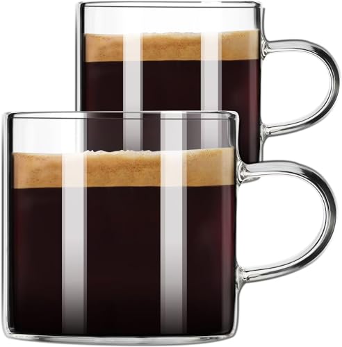 PARACITY Espresso Shot Glass Set of 2, 4.3 fl oz Clear Cups with Handles | Borosilicate bodies fit semi-automatic and pod machines, holding 3-4 shots for americano, latte, cappuccino, mocha or foam - size: 4.3 Ounces