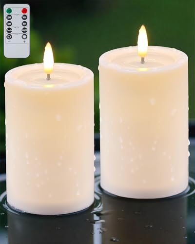 Gmnee 3"x4" Outdoor Waterproof Flameless Candles with Remote Timers Pillar | 2 Pack Ivory Battery Operated Candles, LED Candles, Electric, Fake Candles for Patio, Porch, and Lanterns Decor (Plastic) - color: Ivory-D3"xH4"