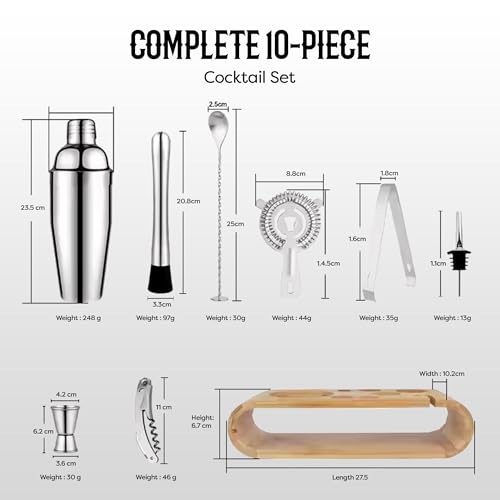 Cocktail Shaker Set Bartender Kit with 10 Bar Tools & Bamboo Stand – Martini Shaker, Jigger, Strainer, Muddler, Mixer Spoon, Pourers – Home Bar Set & Gift for Men (Silver)