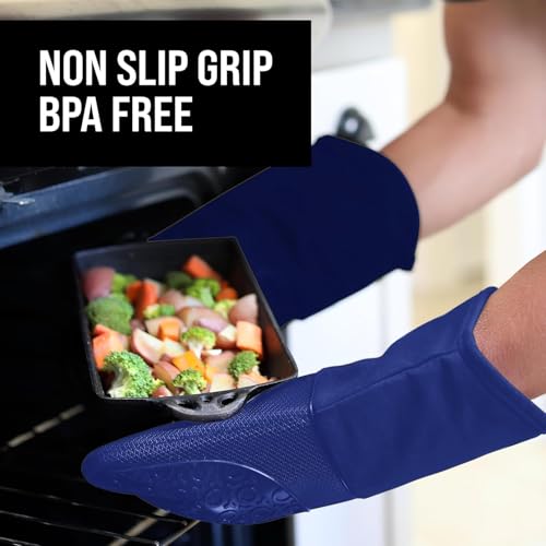 BPA-Free Soft Silicone Oven Mitts - Ultra Heat Resistant Oven Mitts with Thick Cotton Liner - Long Slip Resistant Pot Holders, Flexible Oven Gloves - Royal Blue 13.7" - color: Blue, size: 2-Piece 13.7" Oven Mitts