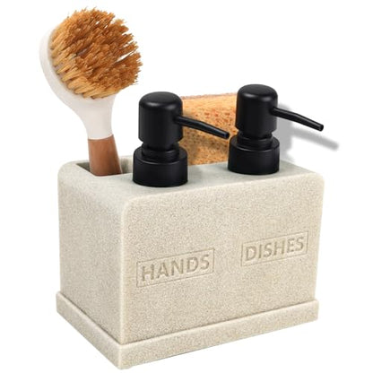 Hand and Dish Soap Dispenser Set for Kitchen Sink,Dual Soap Dispenser with Sponge Caddy and Brush Holder 4-in-1 Countertop Organizer for Kitchen Bathroom,Useful Kitchen Gadgets-Beige - color: 4 in 1 - Beige