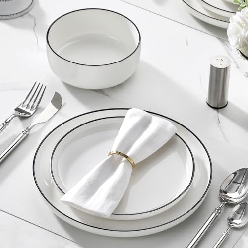 MALACASA Plates and Bowls Sets, 24 Pieces Modern Porcelain Dinnerware Set for 8 White Kitchen Dinner Dining Ware Set wtih Black Rim Ceramic Dishware Dishes Microwave and Dishwasher Safe, Series LUNA | Modern Ceramic Dishware Set,Kitchen Dining Ware,Microw