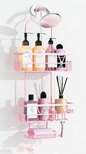DAOYA Hanging Shower Caddy Over Shower Head, Anti-Swing Shower Organizer For Inside Shower With 2 Soap Holders, Multi Hooks, Rustproof Bathroom Accessories, Pink - color: Pink, size: XL