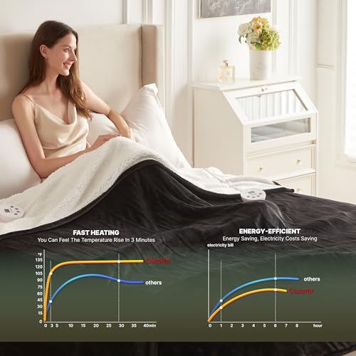 Heat Blanket 84”x90” Queen Size-Dual Control,Soft Flannel & Sherpa Reversible Electric Blanket with 10 Heat Settings,12 Timer Setting and 8 Hours Auto-Off,ETL Certified Machine Washable,Black - color: Black, size: 84*90in