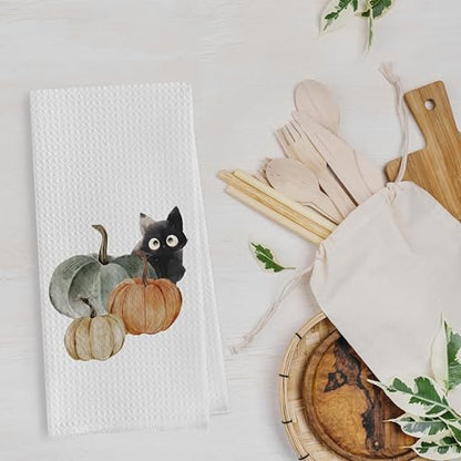 Fall Pumpkin Dish Towels Set - Fall Pumpkin Gifts Waffle Weave Kitchen Towels, Black Cat Gifts Hand Tea Towels, Fall Black Cat Bathroom Kitchen Decor (16×24 Inches Set of 2) - color: Fall-2