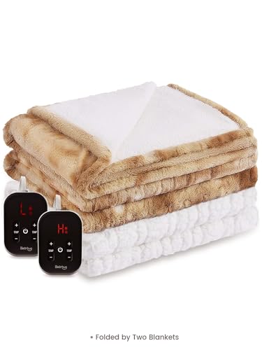 Bearhug Electric Blanket Queen Size with Dual Controls, 10 Heat Levels & 1-12H Auto Shut-Off, Fast Heating Soft Faux Fur to Sherpa Heated Blanket for Couples, Machine Washable, Taupe - color: Champagne-faux Fur & Sherpa, size: Queen Size 84" × 90"