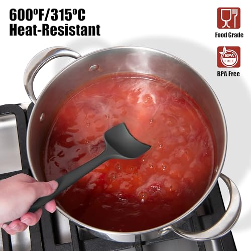 Doosu 9+12in Kitchen Tongs for Cooking - 600°F Heat Resistant Food Tongs with Non-Scratch Silicone Tips & 4-Piece Silicone Spatula Set Kitchen BPA Free Food Grade Baking Supplies Cooking Tools (Black)
