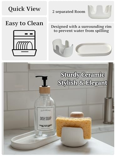 Ceramic Double Sponge Holder with Soap Tray, 2-Slot Countertop Sink Organizer, Modern White Kitchen Sponge & Dish Soap Holder, Rust-Free, Easy to Clean, Decorative Sink Caddy Set - size: Dual-Set