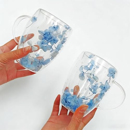 Viovian 13oz Double Wall Glass Coffee Mugs Set of 2 Insulated Glass Coffee Cups with Handles,Clear Dried Flower Tea Mug for Hot Beverages,Tea Cup Women Birthday Gifts - color: 13oz double wall glass mugs set of 2（Blue Hydrangea）