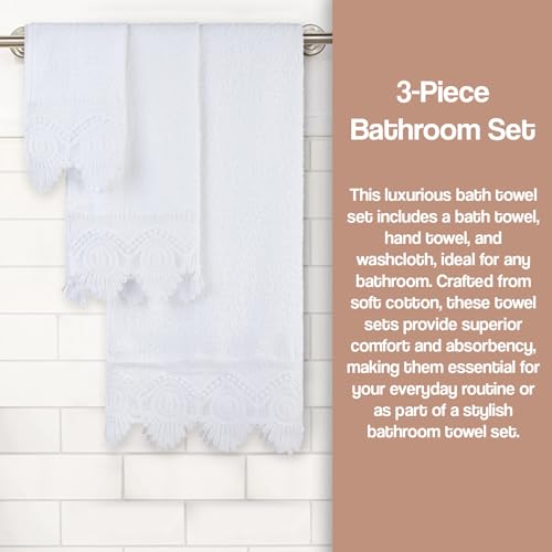 Zahari Home 3 Piece Laced Towel Set - Stylish Soft Plush Cotton Towels with Hand Towel & Washcloth - Highly Absorbent Towels for Bathroom, Gym, Hotel & Spa (Crochet White) - color: Crochet-white